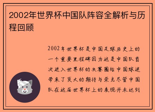 2002年世界杯中国队阵容全解析与历程回顾