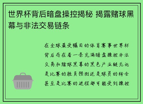 世界杯背后暗盘操控揭秘 揭露赌球黑幕与非法交易链条 世界杯背后暗盘操控揭秘 揭露赌球黑幕与非法交易链条