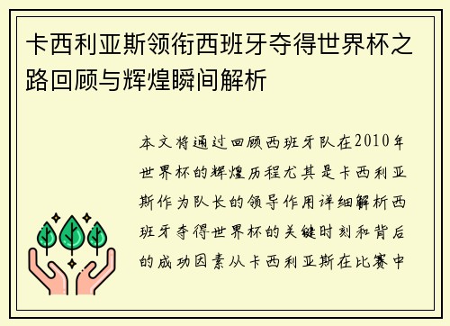 卡西利亚斯领衔西班牙夺得世界杯之路回顾与辉煌瞬间解析 卡西利亚斯领衔西班牙夺得世界杯之路回顾与辉煌瞬间解析